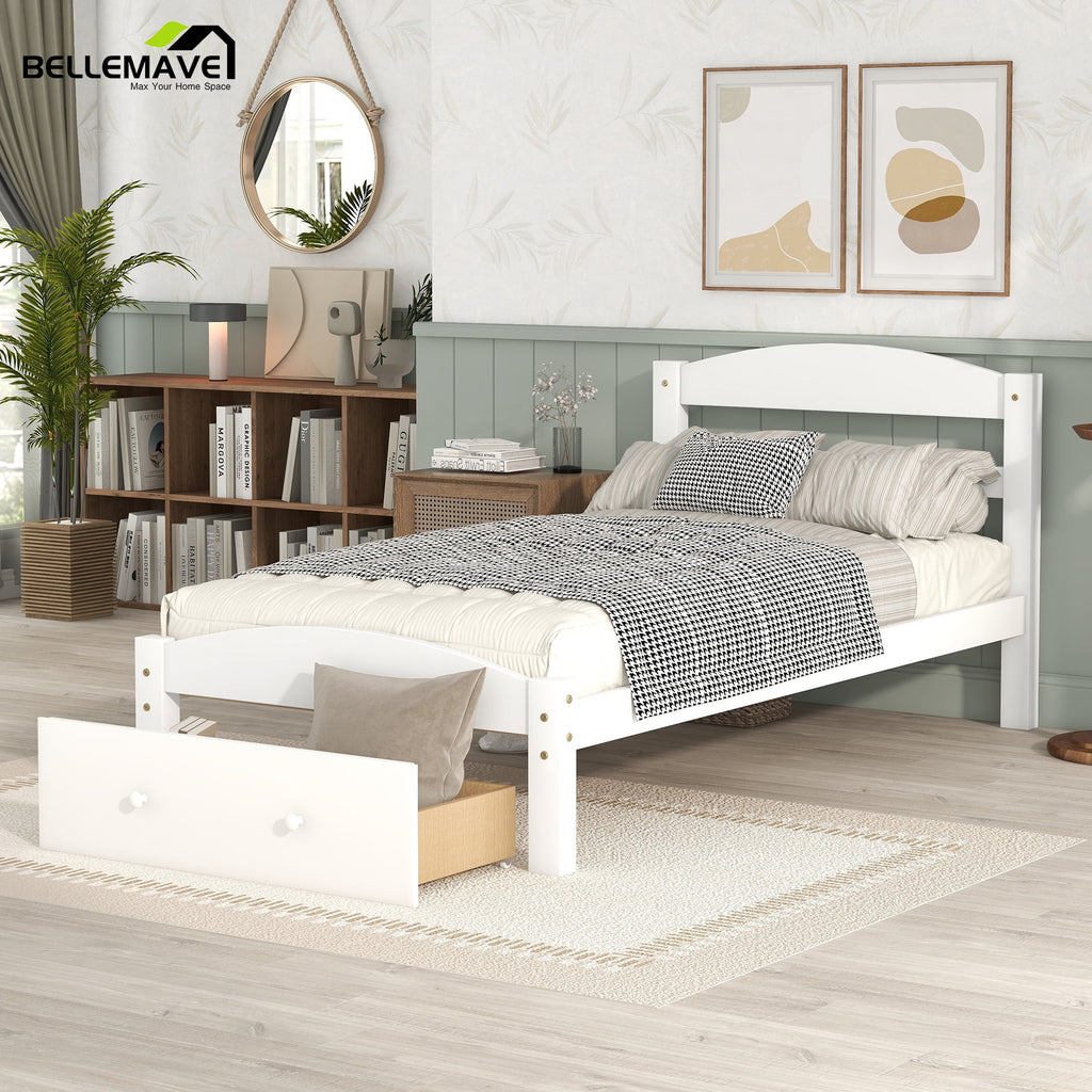 White Twin Solid Wood Bed Frame with Storage Drawer H5684