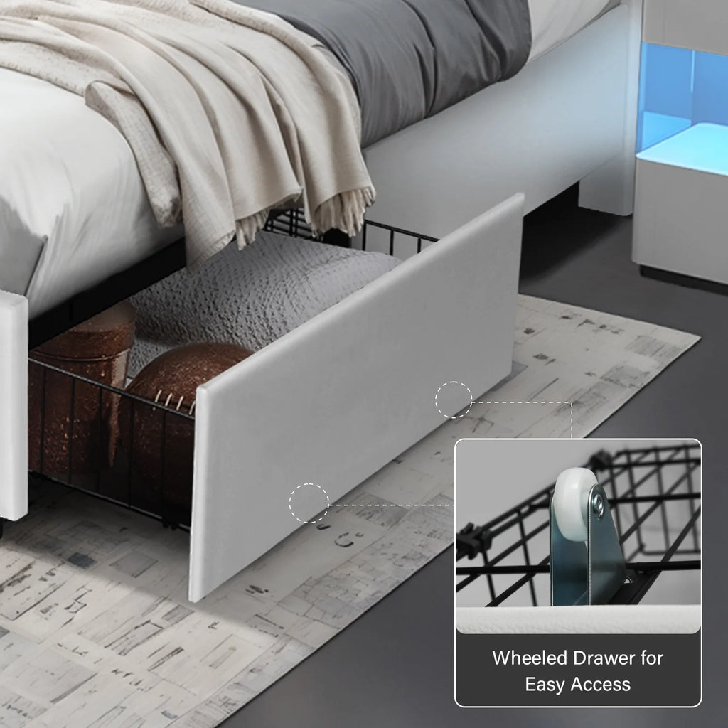 Queen Size White Upholstered Platform Bed Frame with 4 Storage Drawers S25665