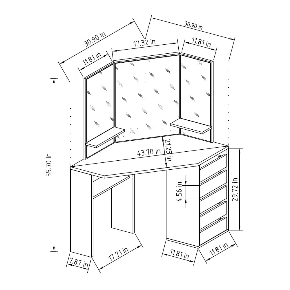 Corner Makeup Vanity Desk with 3 Mirrors and 5 Drawers H82332
