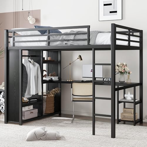 Queen Size Black Metal Loft Bed with Wardrobe and Desk Y69698