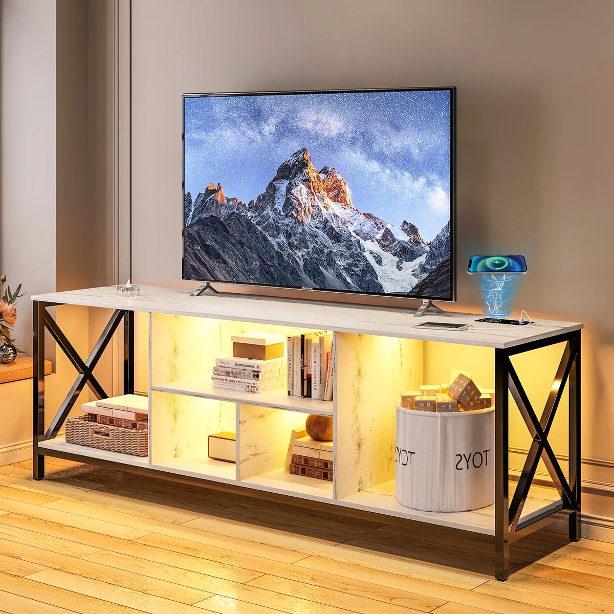 White LED TV Stand with Charging Station and Storage Cabinet J2733