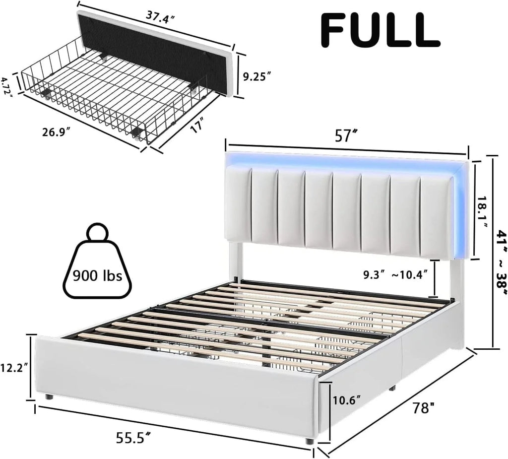 Queen Size White Upholstered Platform Bed Frame with 4 Storage Drawers S25665