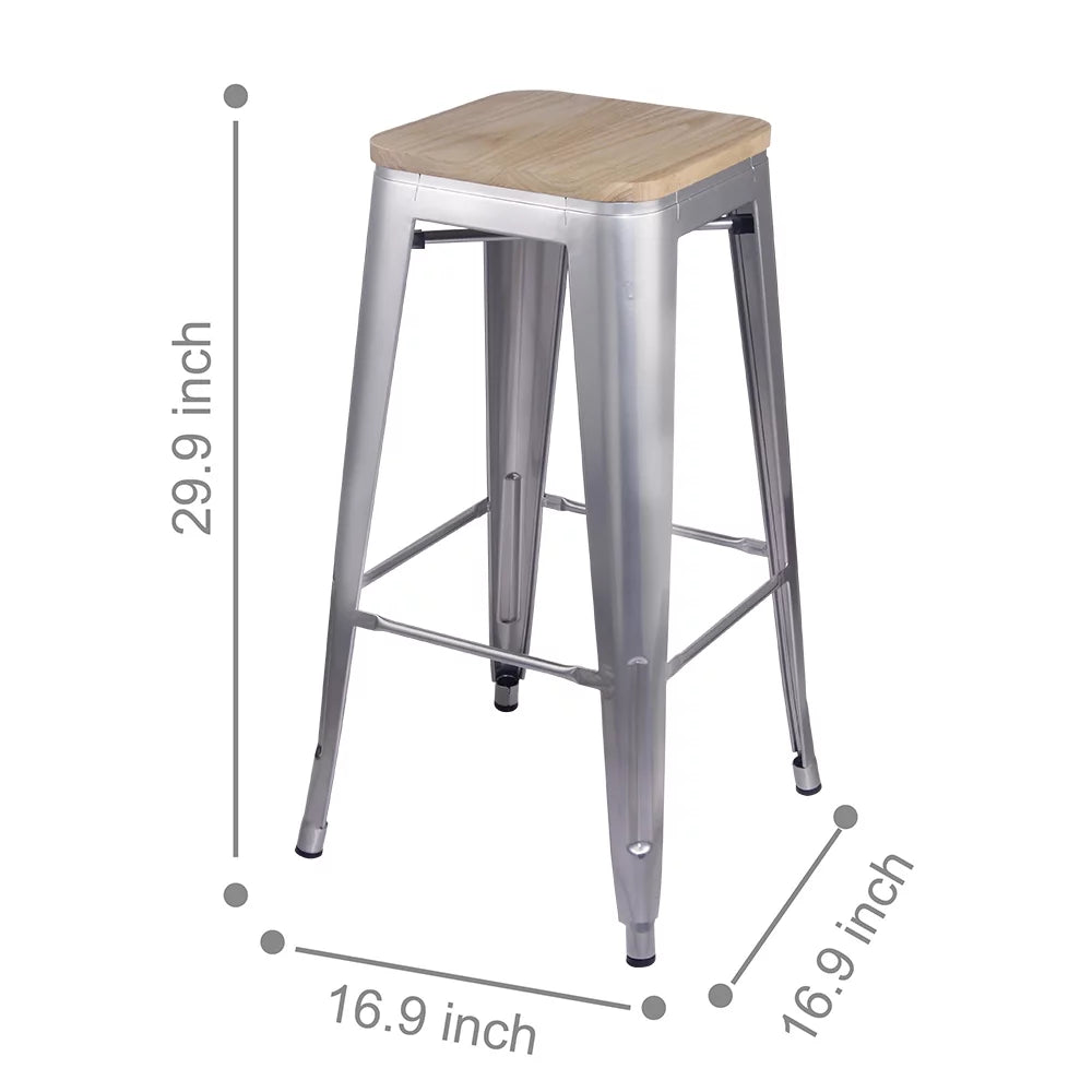 Silver 30 Inch Backless Metal Barstools with Light Wood Seat, Set of 4 T109