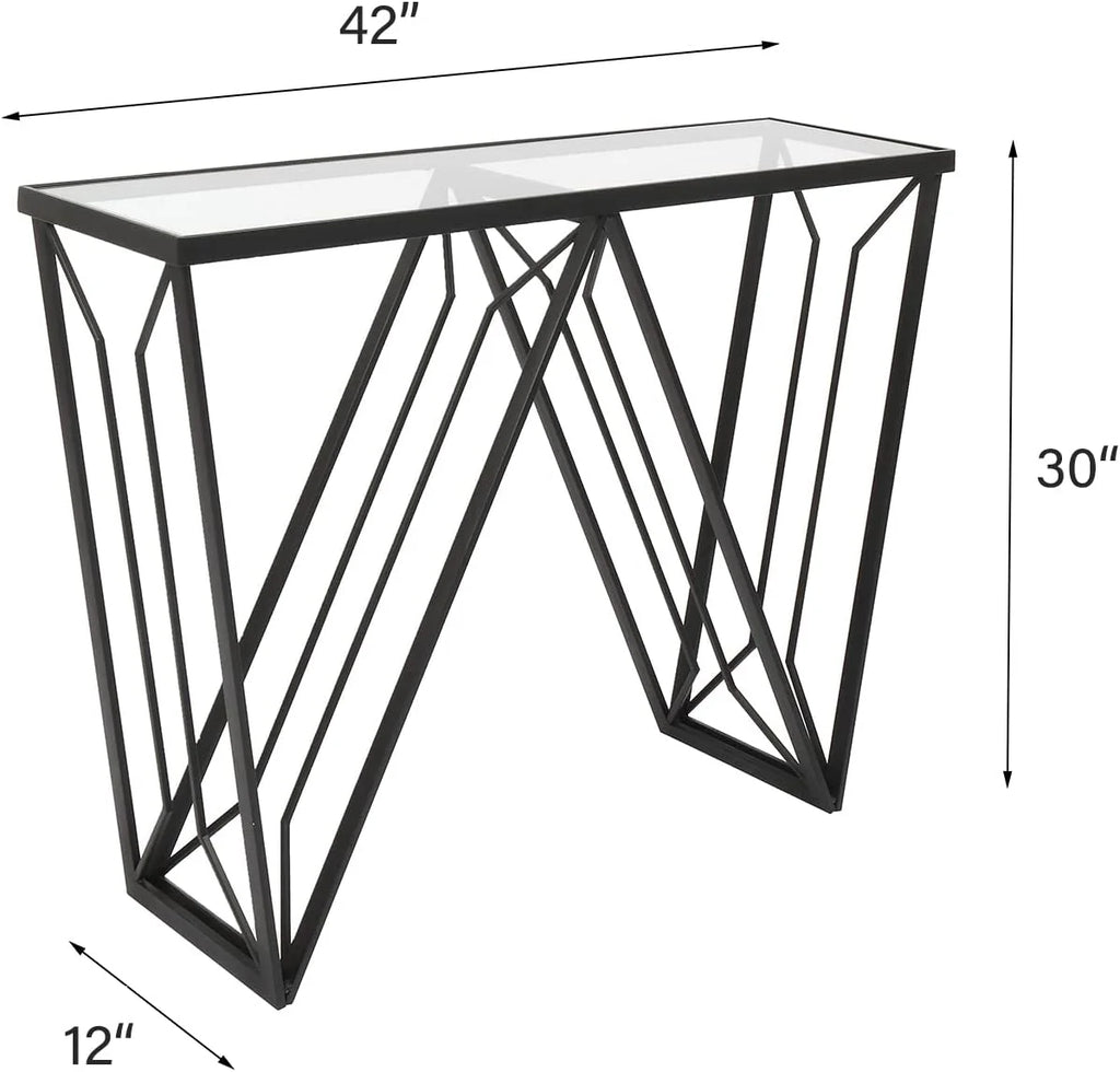 Glass Console Table Narrow Sofa Table Black Metal Frame X7826