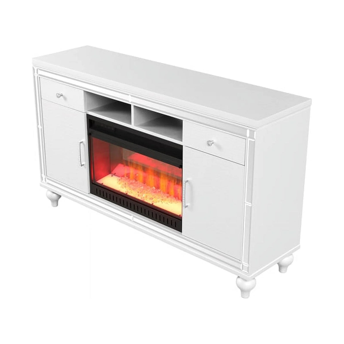 Solid Wood TV Stand With Electric Fireplace in White T62158