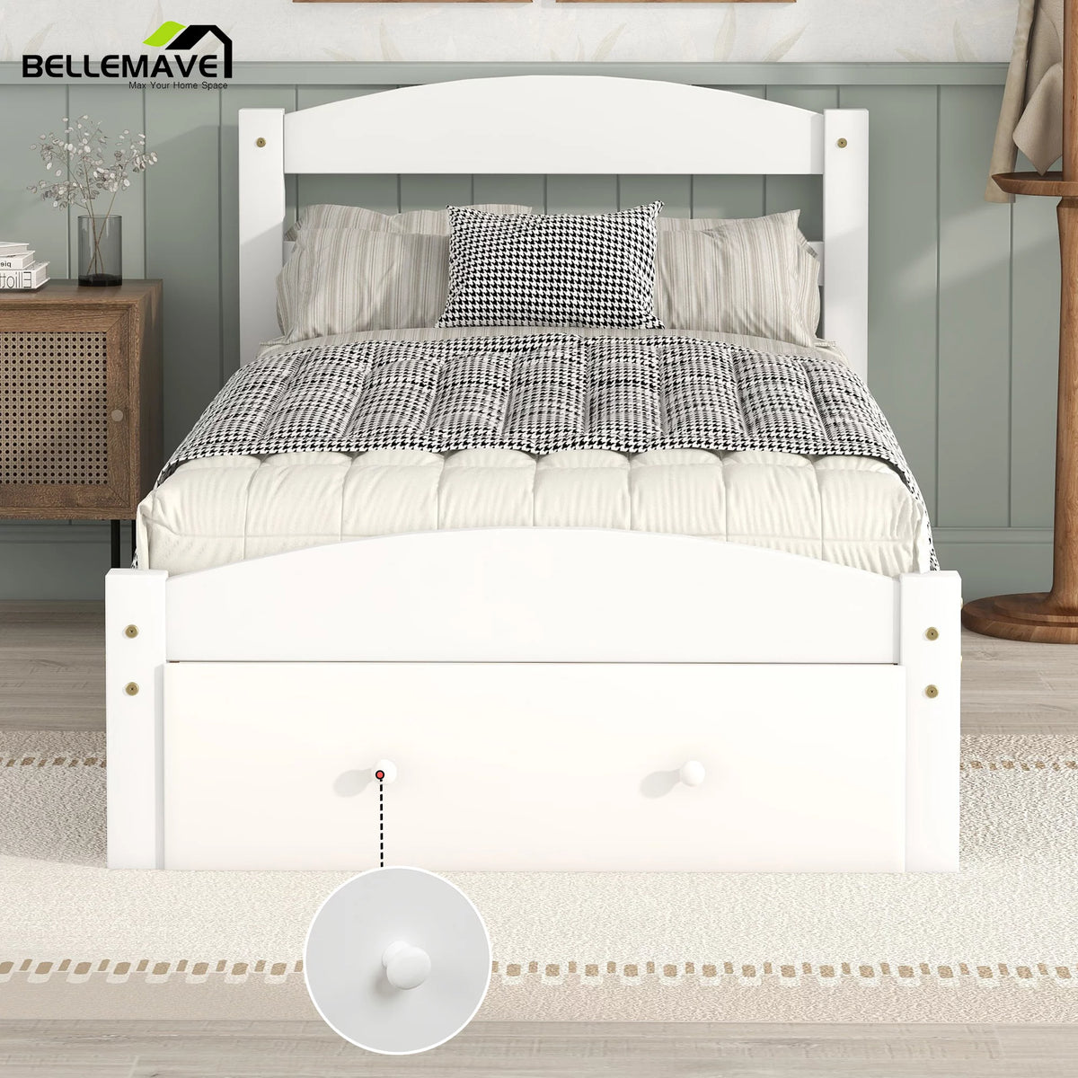 White Twin Solid Wood Bed Frame with Storage Drawer H5684