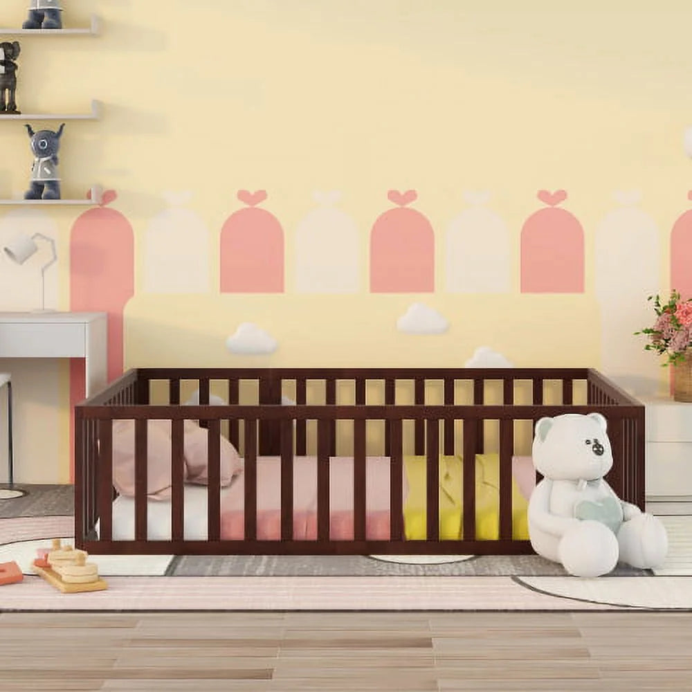 Twin Size Solid Wood Floor Bed Frame with Fence and Door E771938