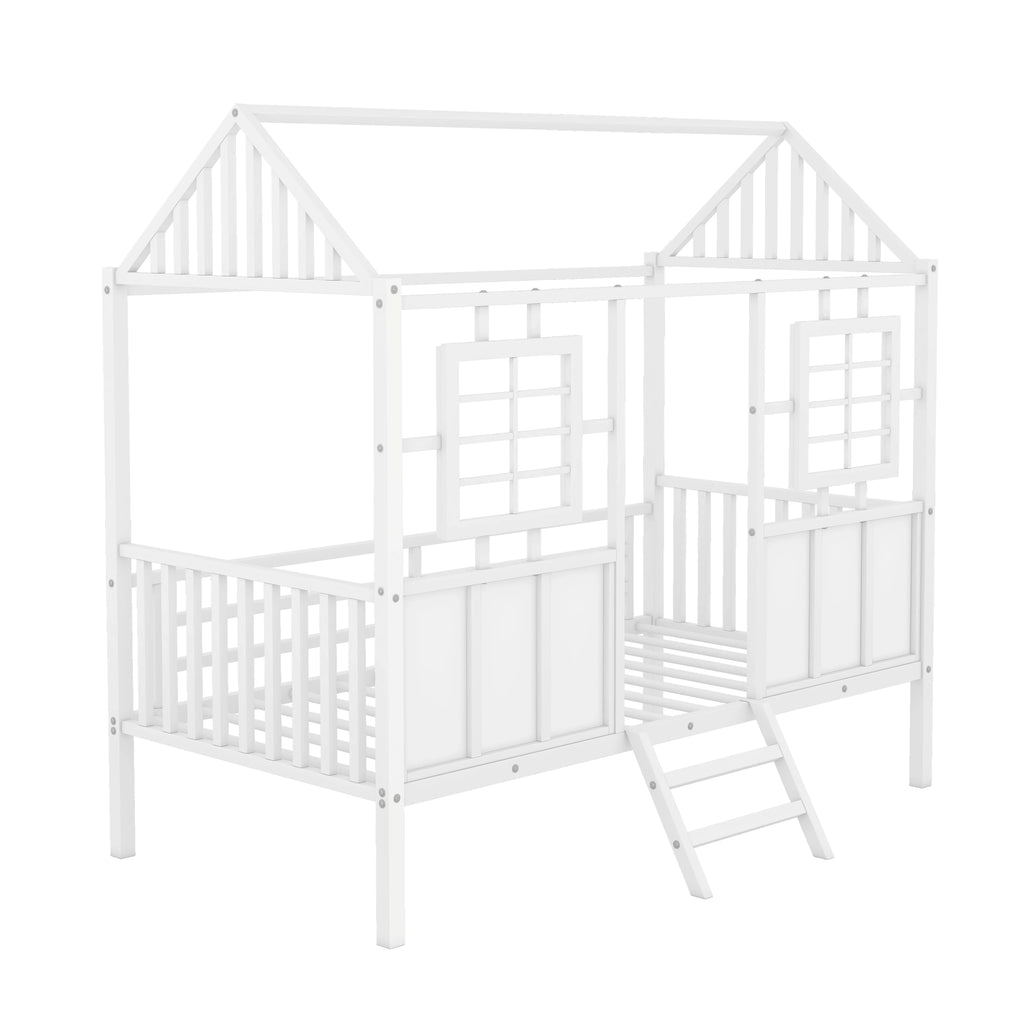 White Metal Twin Low Loft Bed with House-Shaped Roof and Window Z4800