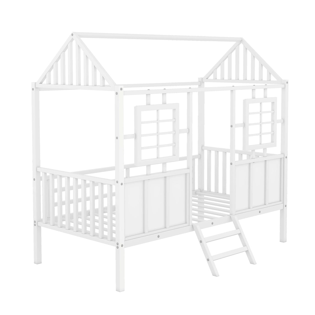 White Metal Twin Low Loft Bed with House-Shaped Roof and Window Z4800