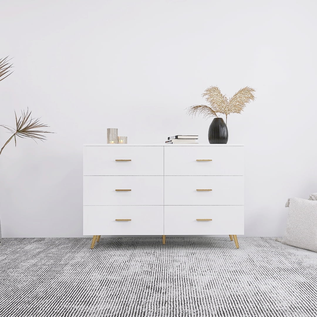 White 6 Drawer High Glossy Chest of Drawer with Golden Handle X346384