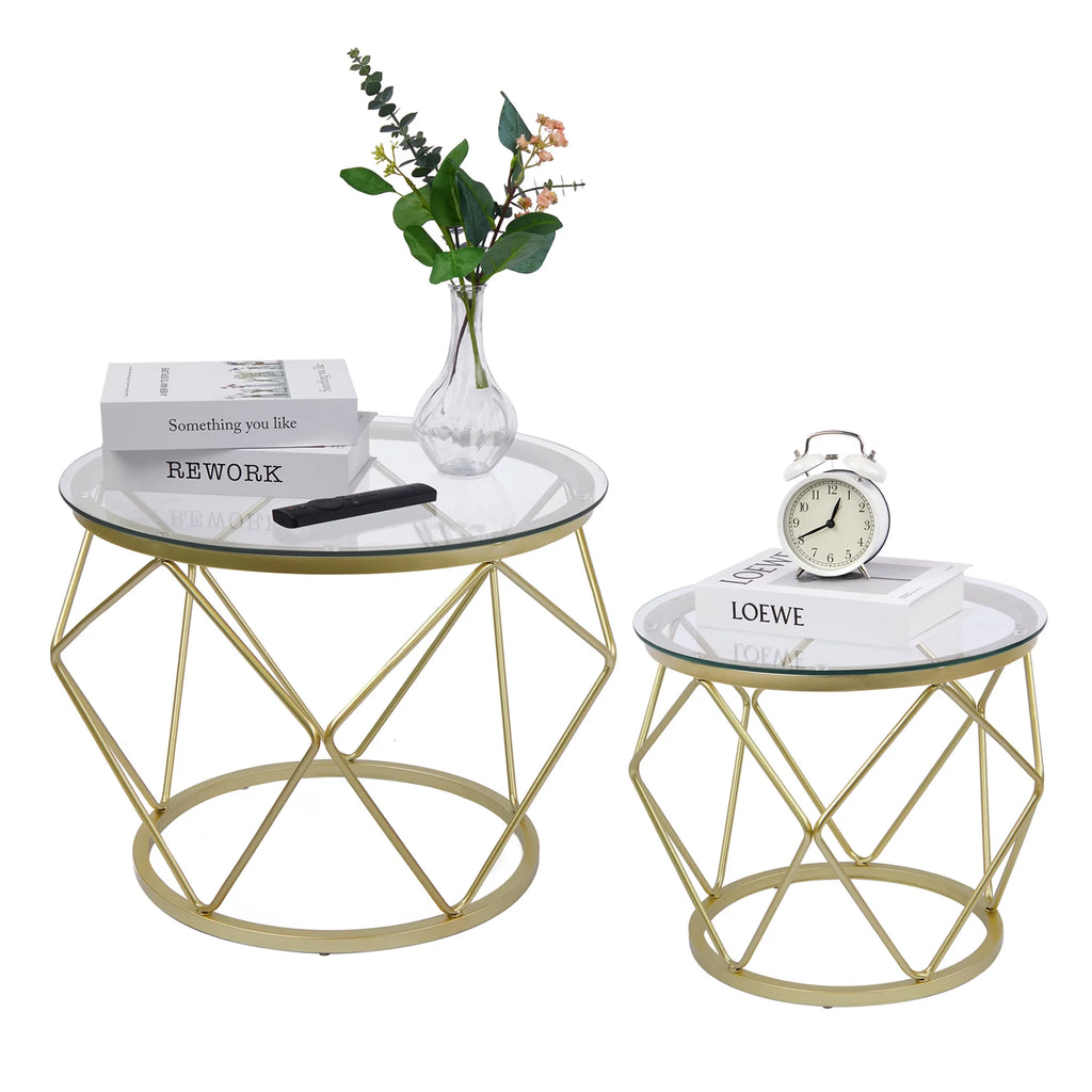Round Coffee Table Set of 2 with Tempered Glass Top C269