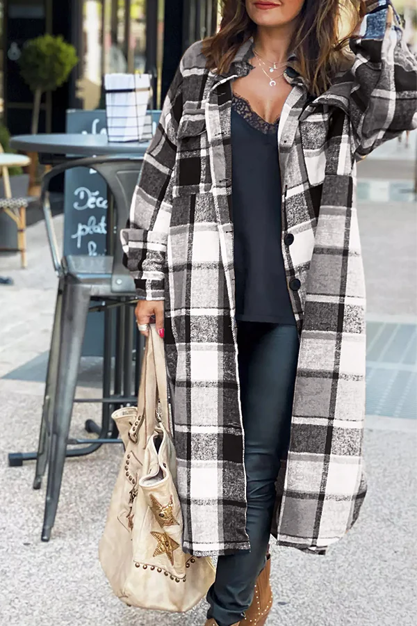 Plaid Button Pocket Shirt Collar Outerwear T320