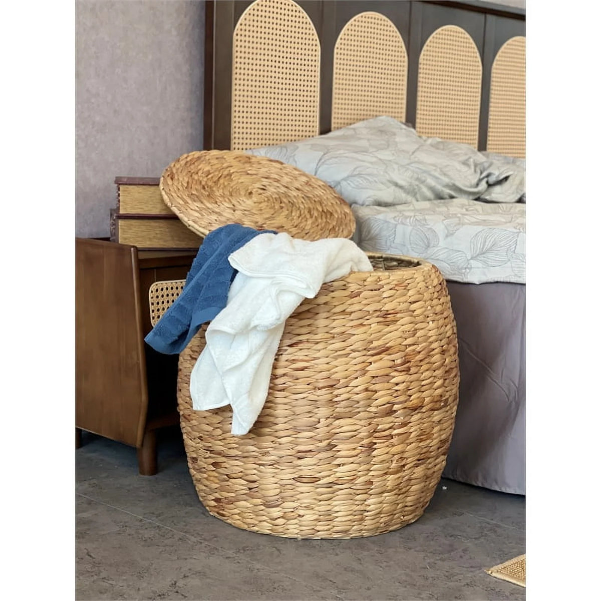 Beige Wicker Rattan Storage Ottoman Basket with Lid M3666