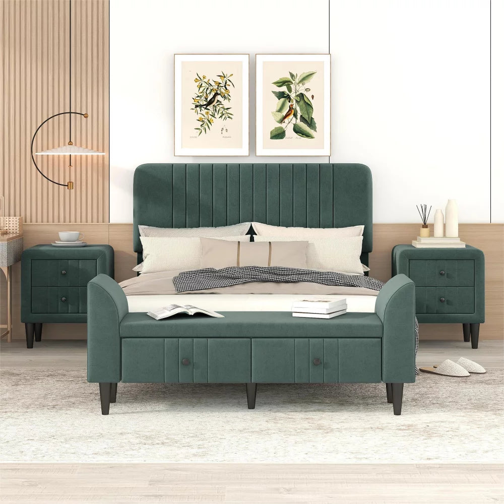 Full Size Upholstered Platform Bed with Two Nightstands and Storage Bench Q68026