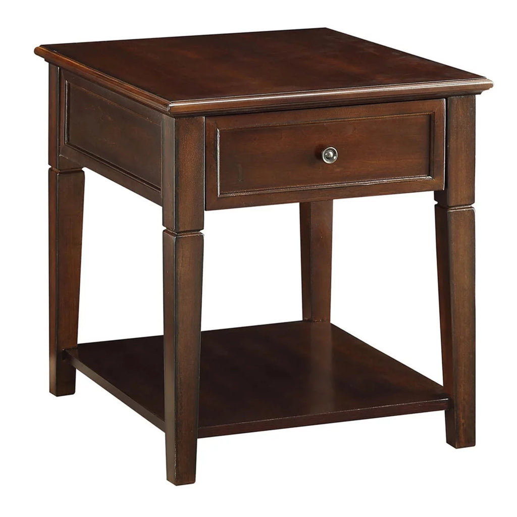 Walnut Brown Wooden End Table with One Drawer and One Shelf Y8921