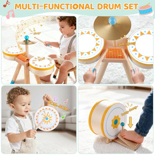 Wooden Kids Drum Kit with Cymbal, Pedal Bass Drum & 2 Drumsticks I482858