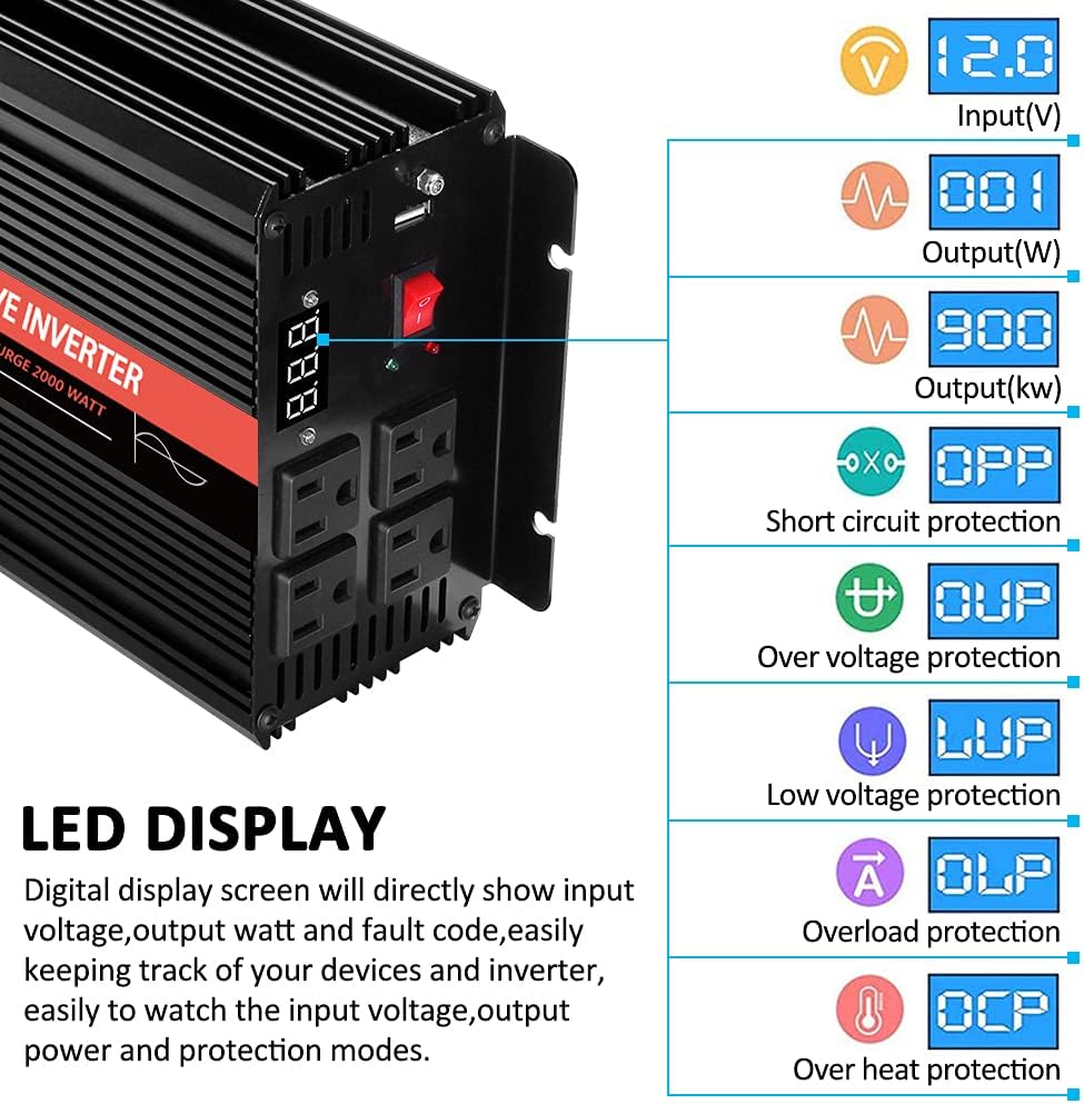 2000 Watt Pure Sine Wave Inverter 12V DC to 110v/120v AC M9248