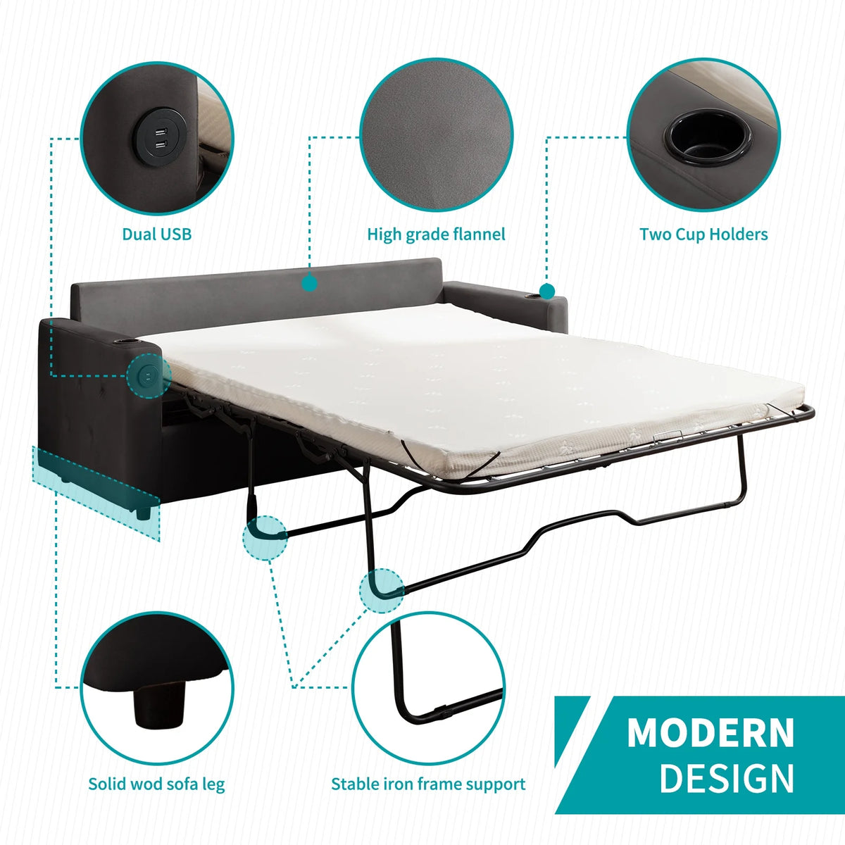Queen Size Pull Out Sofa Bed with 2 Cup Holders and Dual USB O57356
