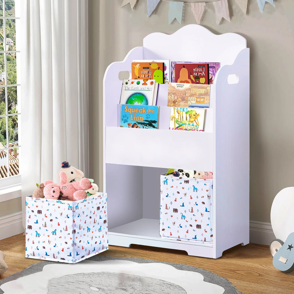 White Wood 4 Tier Kids Bookshelf with Toy Bin E651