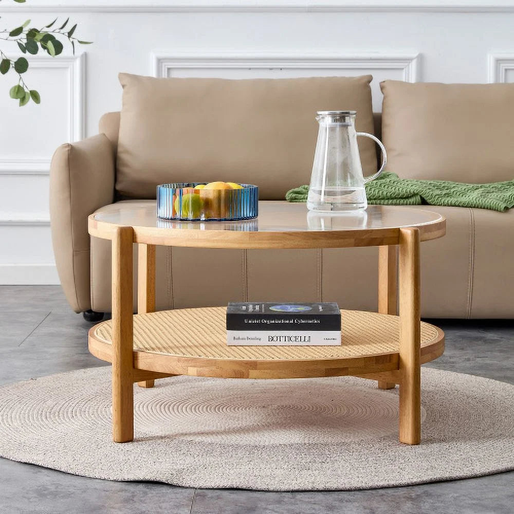 Round 2-Tier Glass Coffee Table with Solid Wood Legs H305692