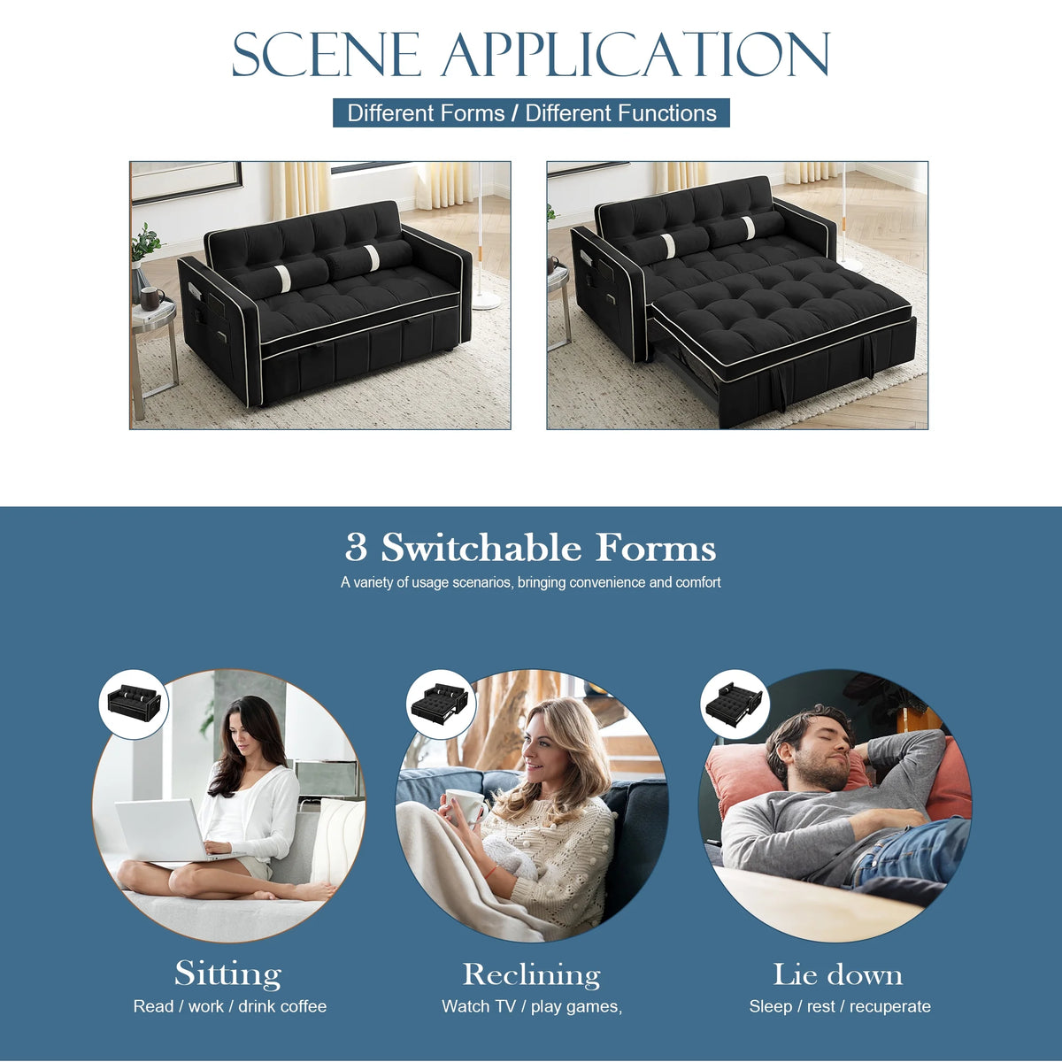 Black Velvet Pull Out Sofa Bed V10600