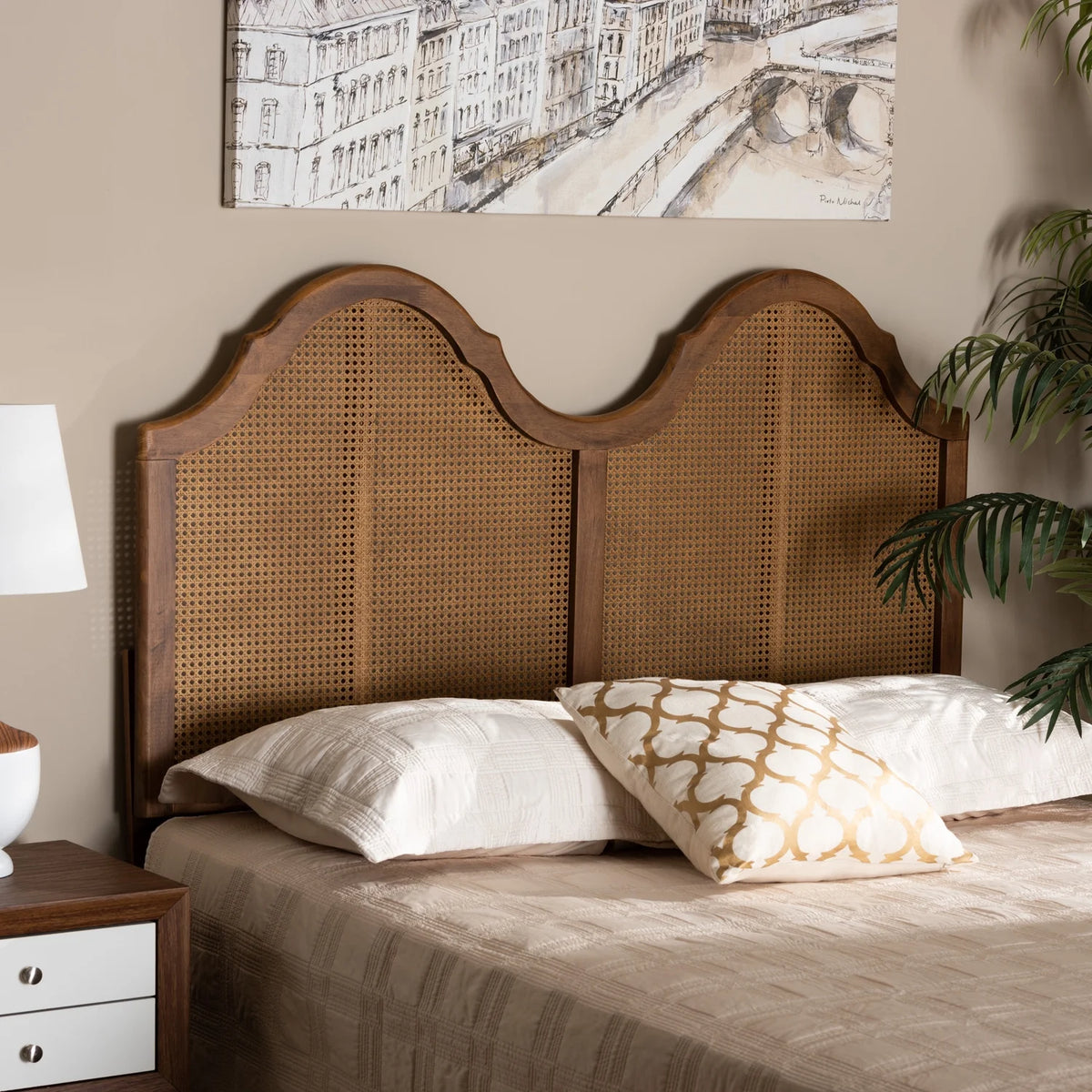 Ash Walnut Finished Wood and Synthetic Rattan King Size Arched Headboard Z38387