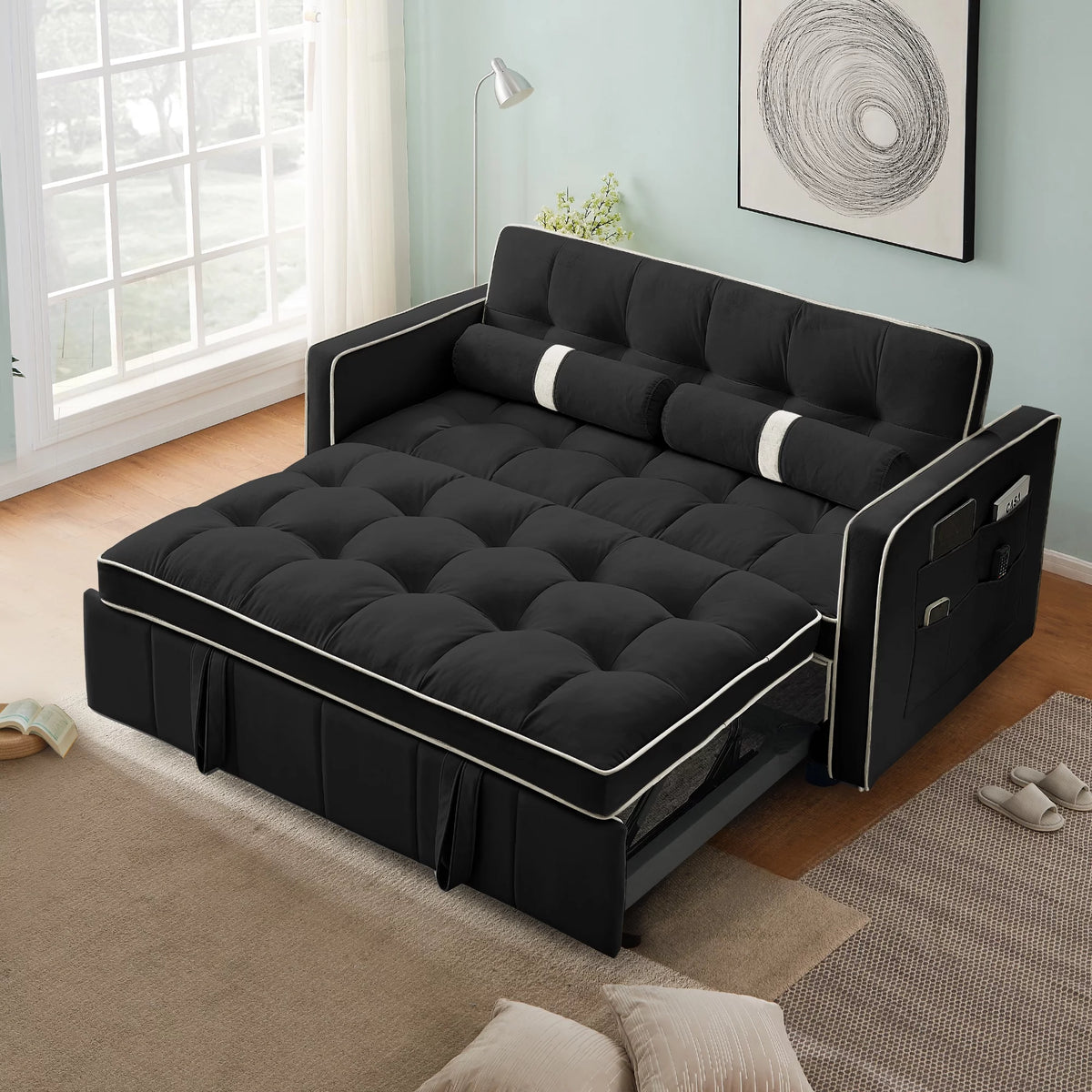 Black Velvet Pull Out Sofa Bed V10600