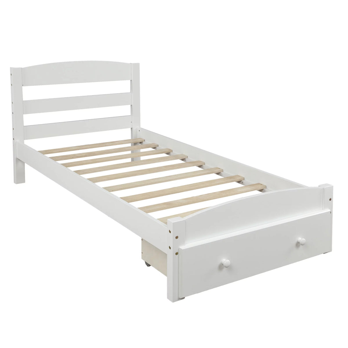 White Twin Solid Wood Bed Frame with Storage Drawer H5684