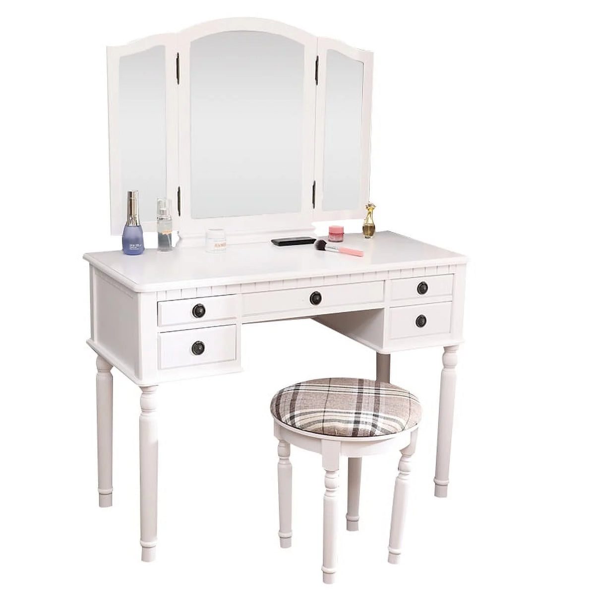 Tri-Folding Vanity Set with Cushioned Stool and 5 Storage Drawer Y802241