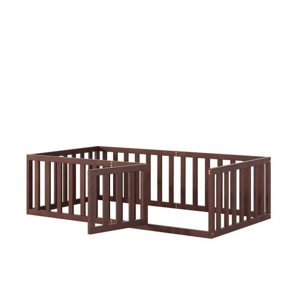 Twin Size Solid Wood Floor Bed Frame with Fence and Door E771938