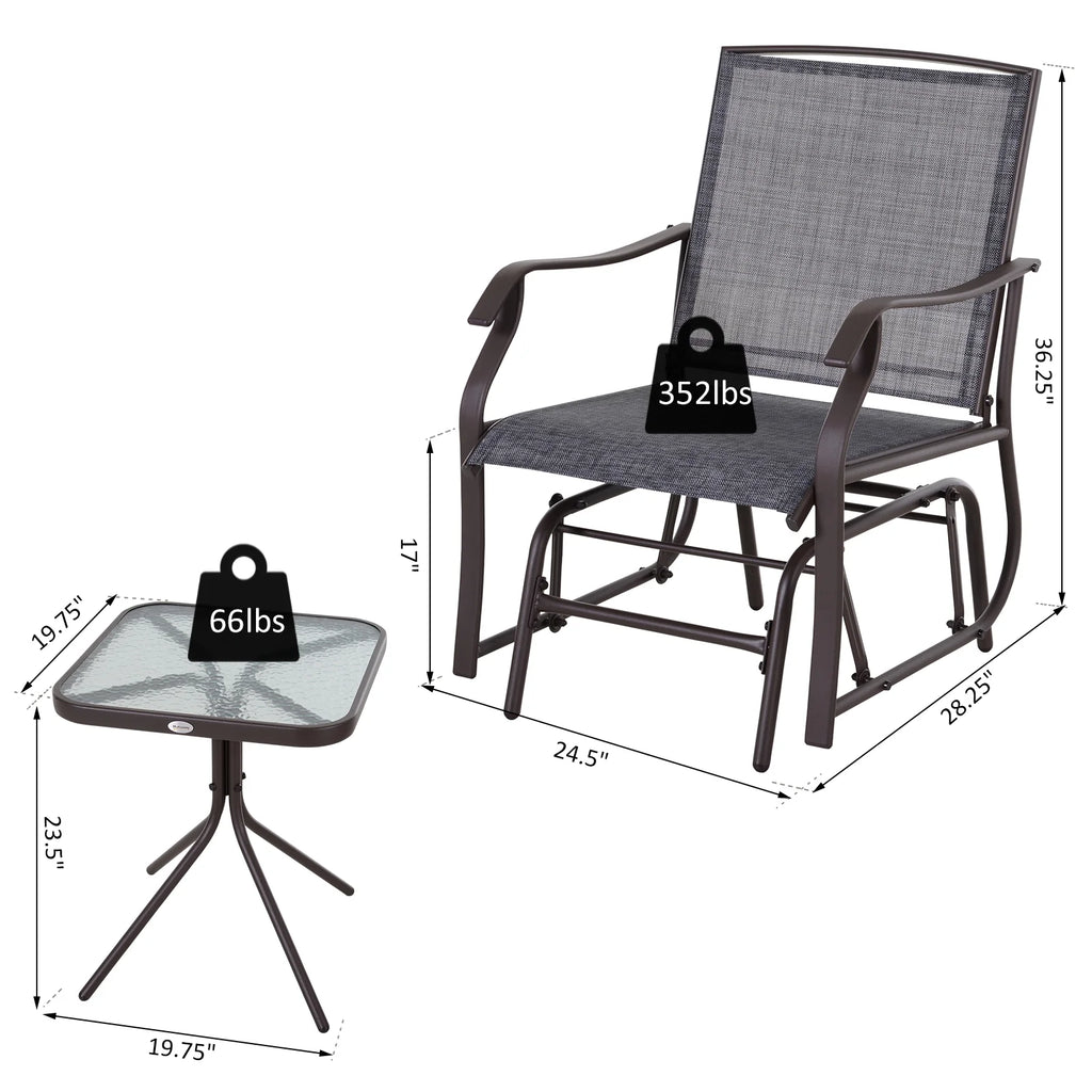 3 Pc Sling Fabric Rocking Glider Chair with Table Set Gray I19708