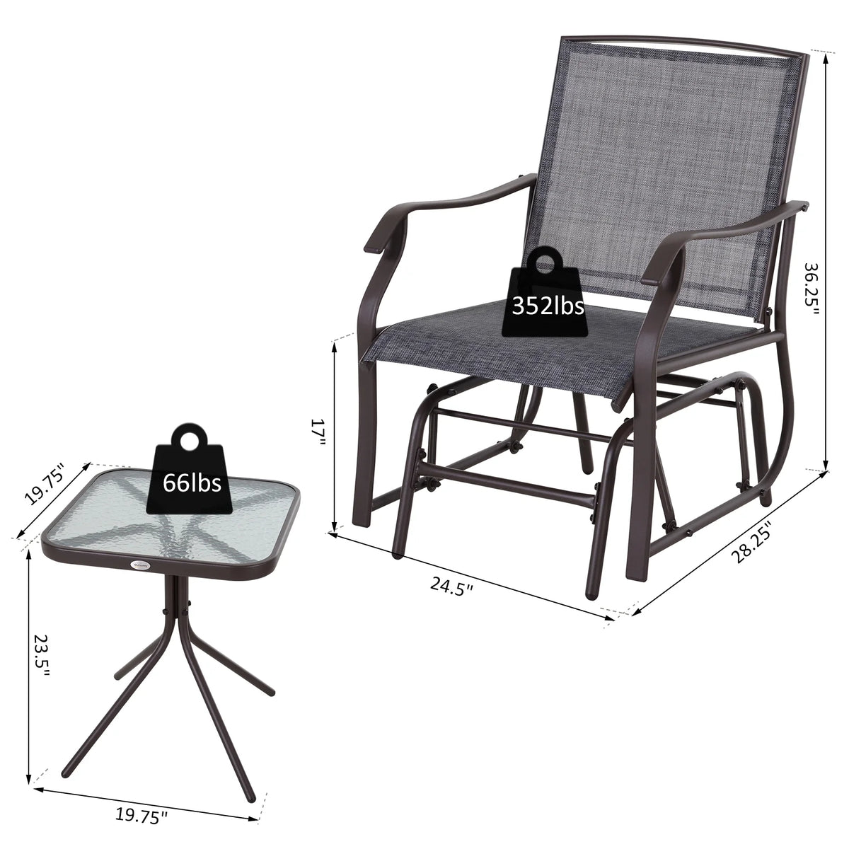 3 Pc Sling Fabric Rocking Glider Chair with Table Set Gray I19708