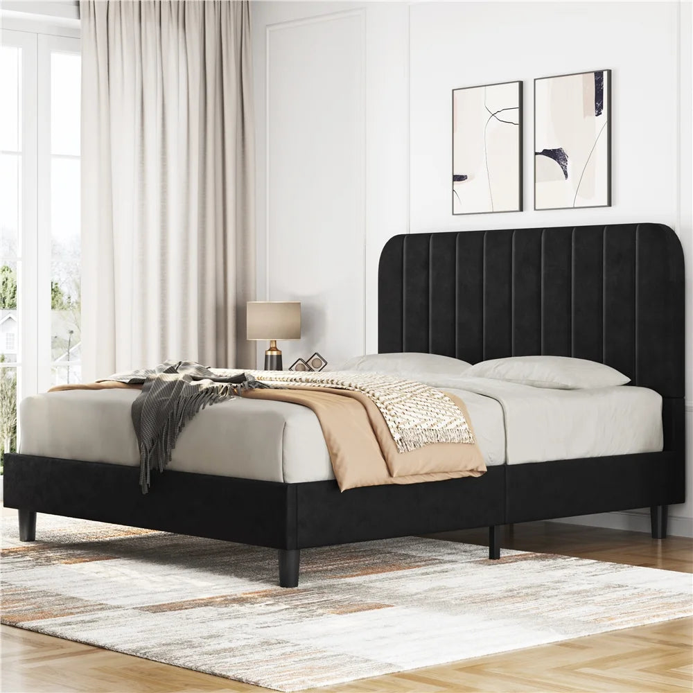 Black Upholstered Queen Platform Bed with Headboard B42786