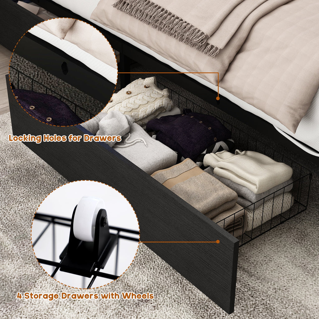 White Queen Size LED Platform Storage Bed Frame with Charging Station P894927
