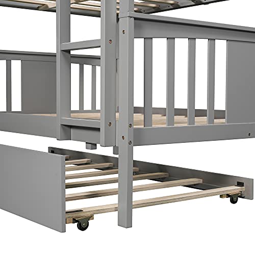 Twin Over Twin Solid Wood Bunk Bed with Stairs Slide Desk Storage Drawers Shelves Gray A670093
