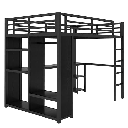Queen Size Black Metal Loft Bed with Wardrobe and Desk Y69698