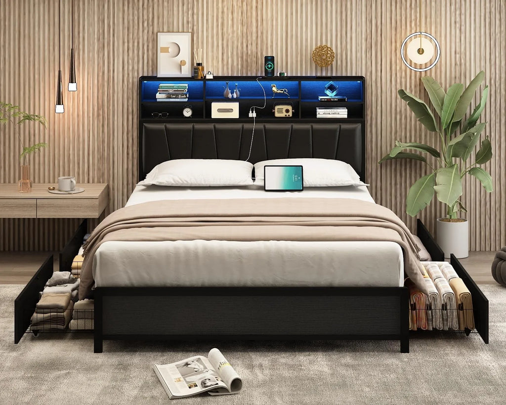 White Queen Size LED Platform Storage Bed Frame with Charging Station P894927