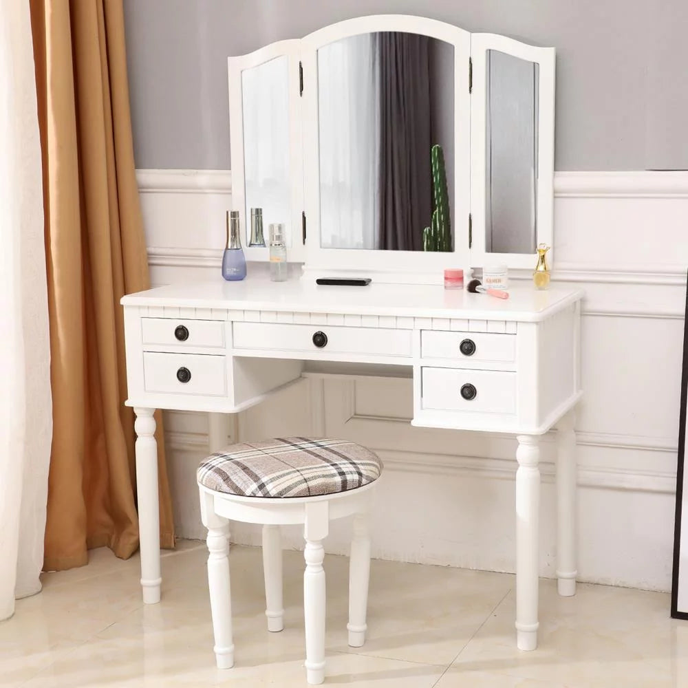 Tri-Folding Vanity Set with Cushioned Stool and 5 Storage Drawer Y802241