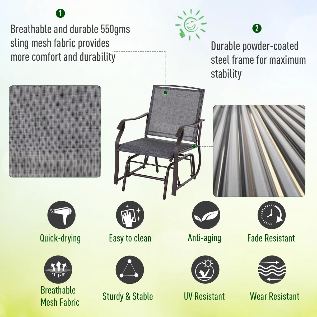 3 Pc Sling Fabric Rocking Glider Chair with Table Set Gray I19708