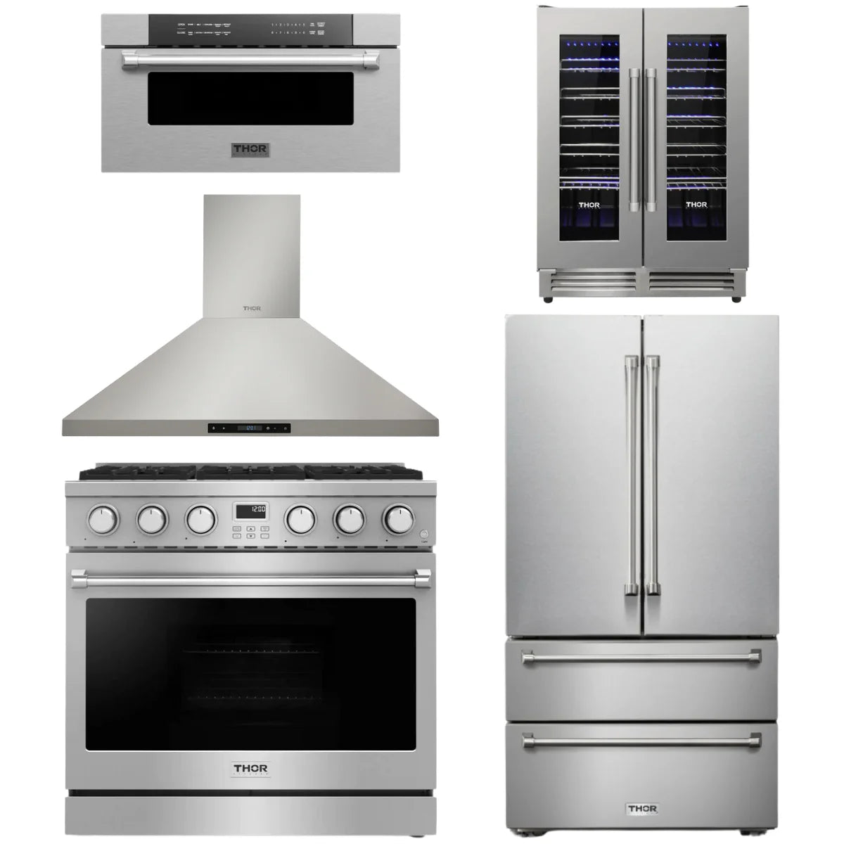 36 Gas Range, Range Hood, Refrigerator, Microwave and Wine Cooler W212