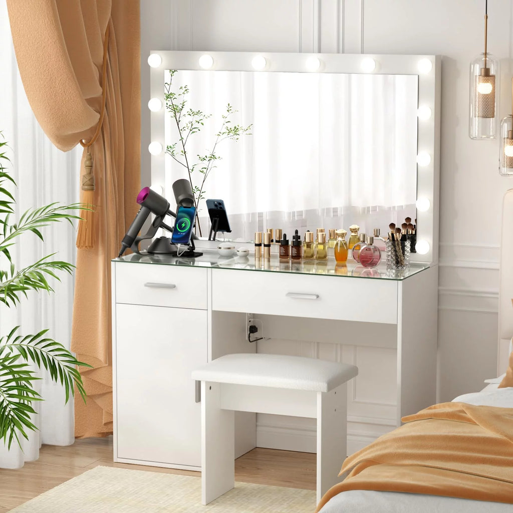 White Makeup Vanity Desk with Mirror and Lights I50317