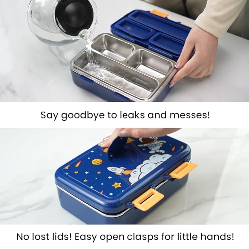 3-Compartment Kids Bento Lunch Box with Leak-Proof Lid, Spoon & Stainless Steel Tray A2859