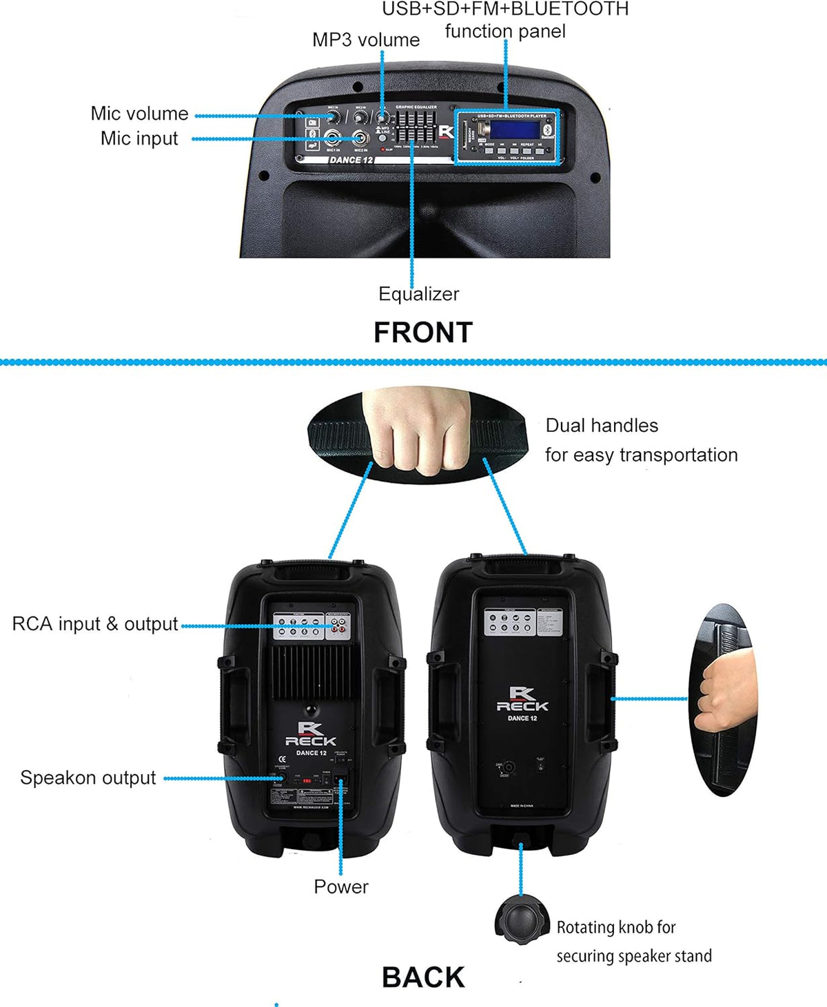 Portable 12-Inch 1000 Watts 2-Way Powered PA Speaker System Combo Set Y15613