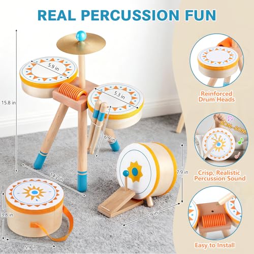 Wooden Kids Drum Kit with Cymbal, Pedal Bass Drum & 2 Drumsticks I482858
