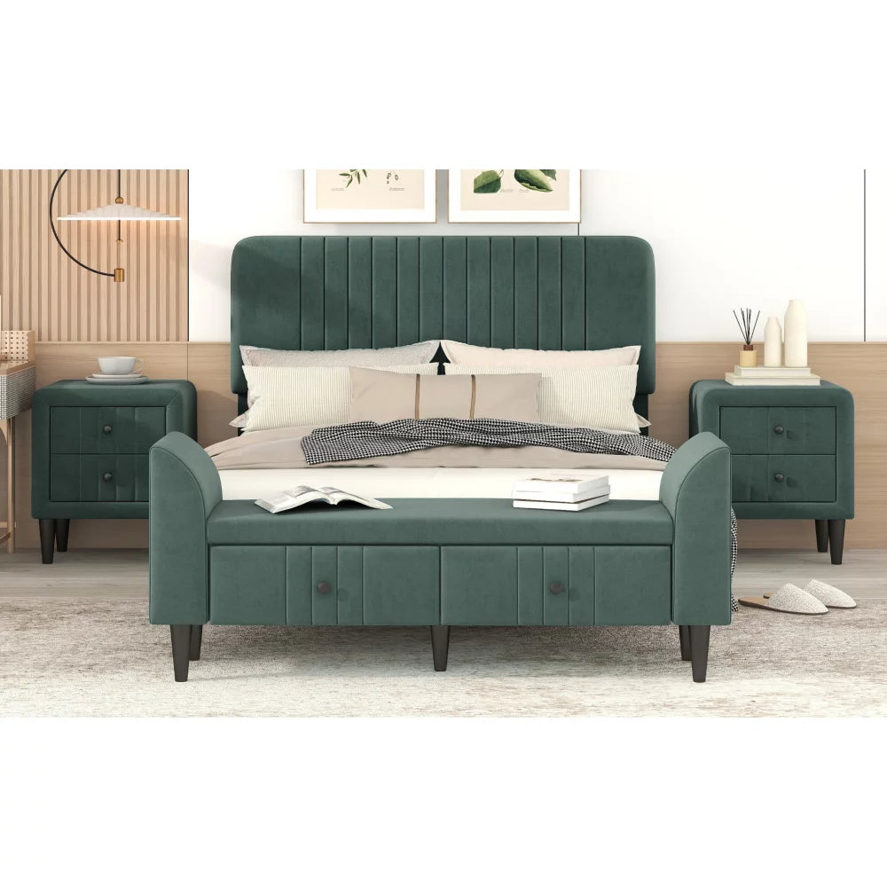 Full Size Upholstered Platform Bed with Two Nightstands and Storage Bench Q68026