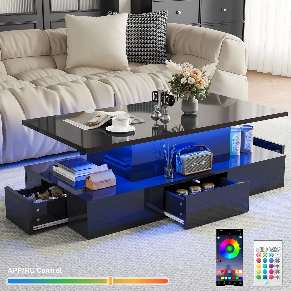 Black LED Coffee Table with 4 Drawers B678910