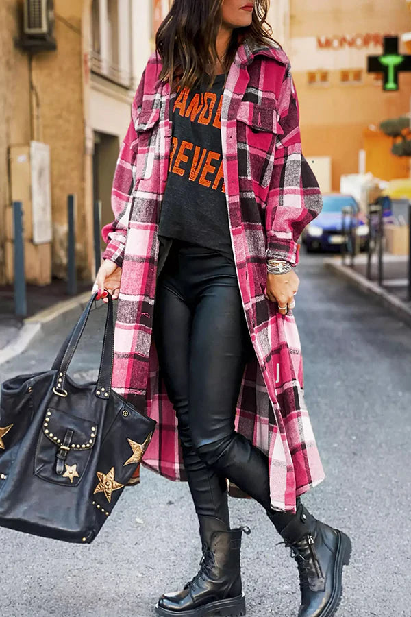 Plaid Button Pocket Shirt Collar Outerwear T320