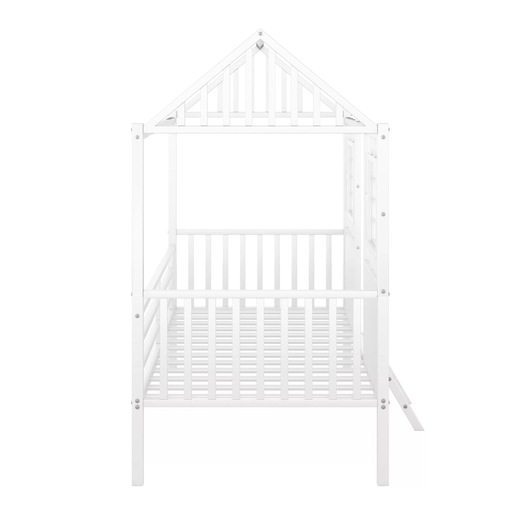 White Metal Twin Low Loft Bed with House-Shaped Roof and Window Z4800