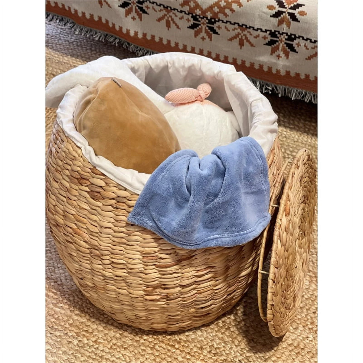 Beige Wicker Rattan Storage Ottoman Basket with Lid M3666