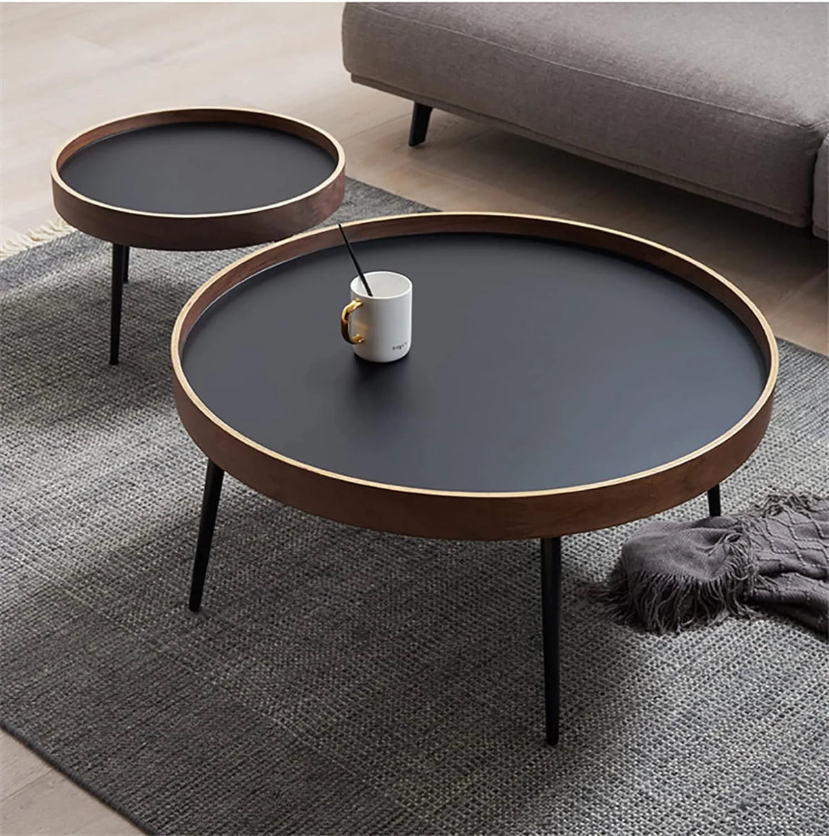 Round Wooden Nesting Coffee Table Set with Metal Frame E3179